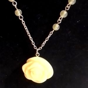Yellow Rose Necklace With Yellow Beads on Gold Tone Chain